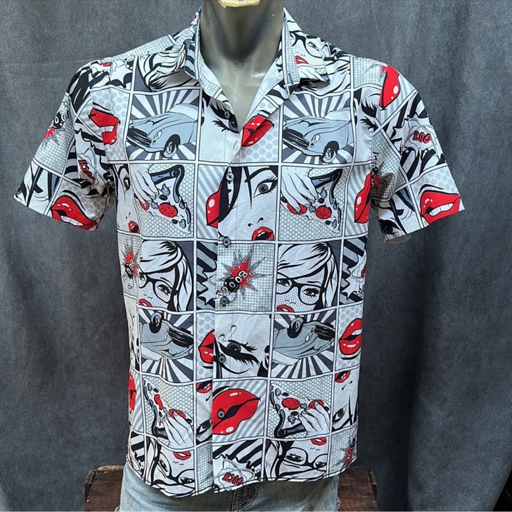 Oh Snap! Drill Clothing button up short sleeve comic Short red black men